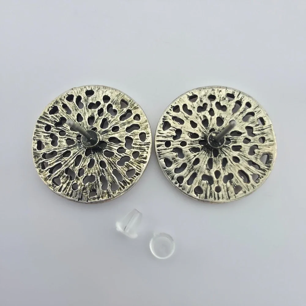 Vintage Ornate Button Earrings Open Scrollwork 4 Petal Flower Silver Plate .75